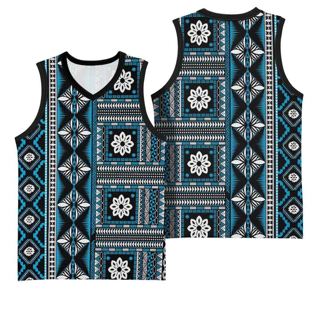 Fiji Masi Tapa Pattern Blue Basketball Jersey - Polynesian Pride