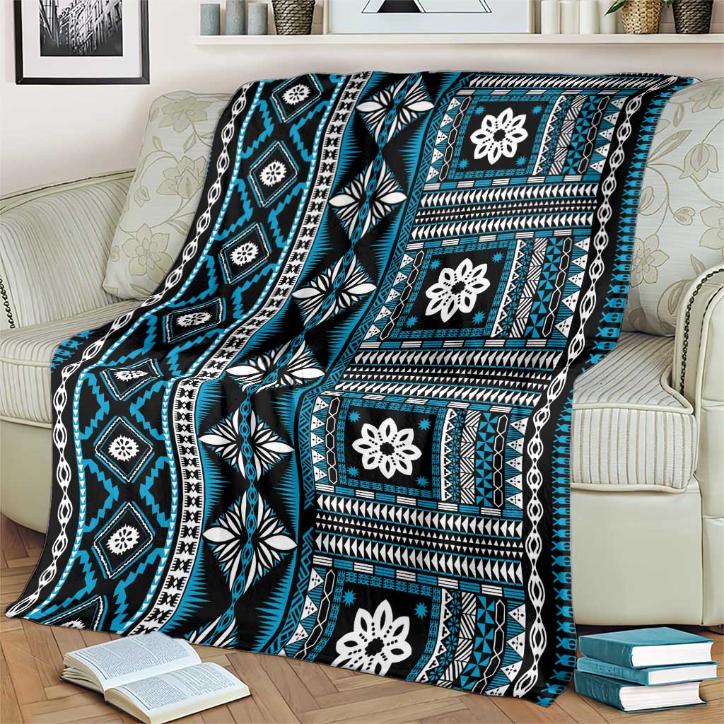 Fiji Masi Tapa Pattern Blue Blanket - Polynesian Pride