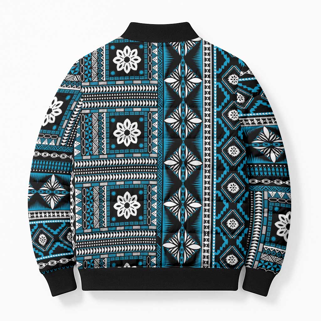 Fiji Masi Tapa Pattern Blue Bomber Puffer Jacket - Polynesian Pride