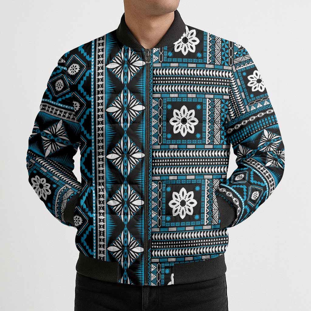 Fiji Masi Tapa Pattern Blue Bomber Puffer Jacket - Polynesian Pride