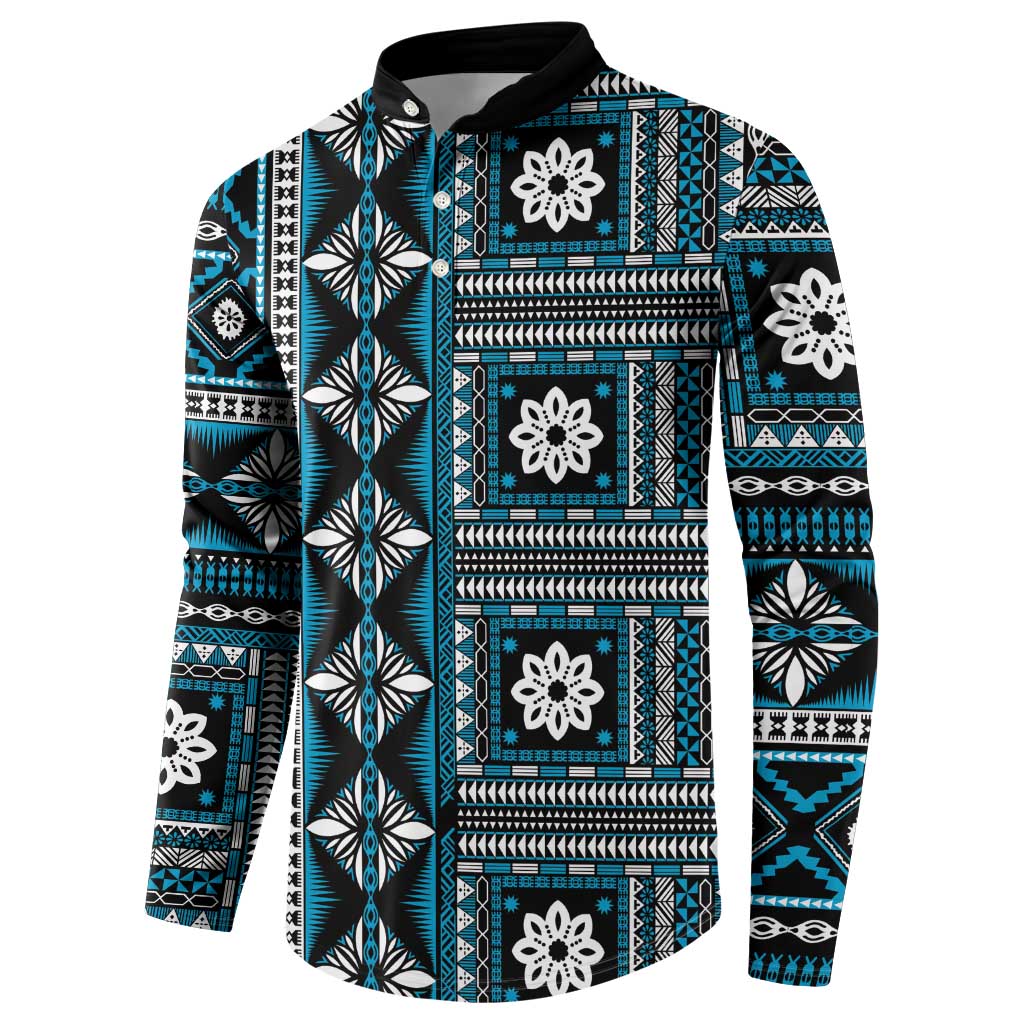 Fiji Masi Tapa Pattern Blue Button Sweatshirt - Polynesian Pride
