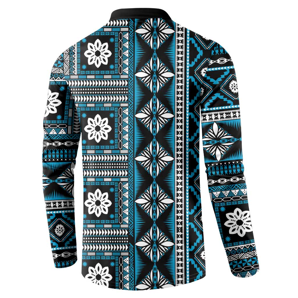 Fiji Masi Tapa Pattern Blue Button Sweatshirt - Polynesian Pride