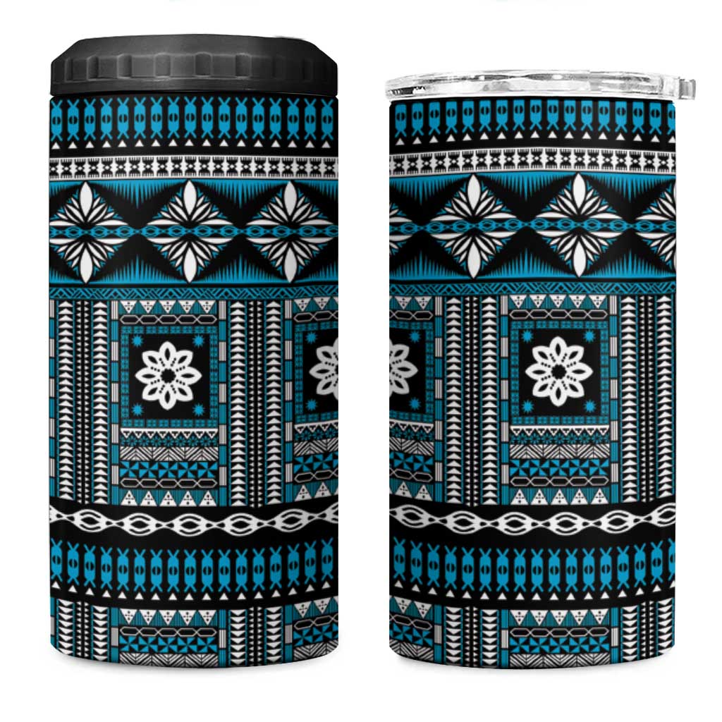 Fiji Masi Tapa Pattern Blue 4 in 1 Can Cooler Tumbler - Polynesian Pride