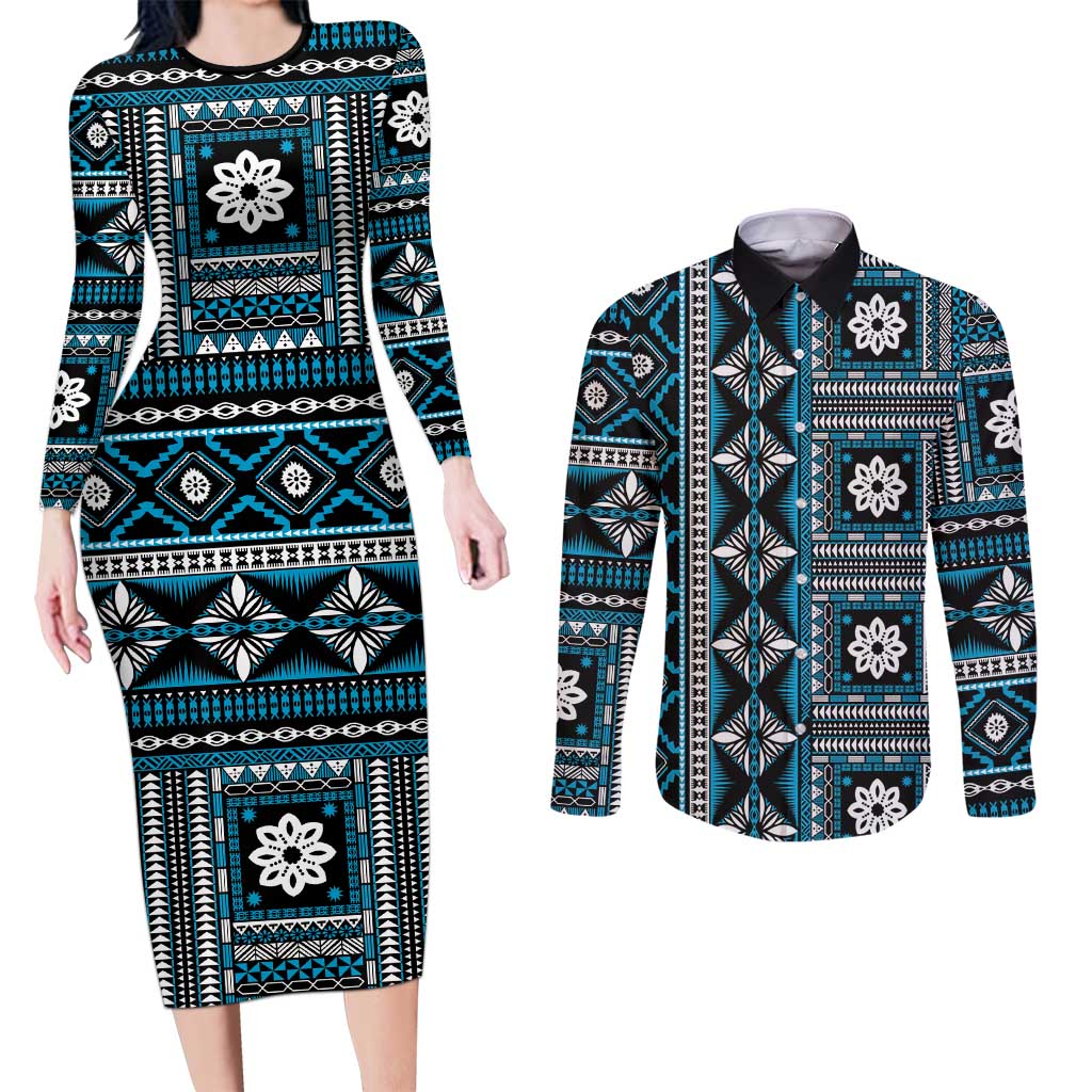 Fiji Masi Tapa Pattern Blue Couples Matching Long Sleeve Bodycon Dress and Long Sleeve Button Shirt - Polynesian Pride