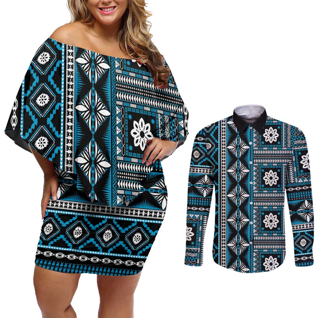 Fiji Masi Tapa Pattern Blue Couples Matching Off Shoulder Short Dress and Long Sleeve Button Shirt - Polynesian Pride