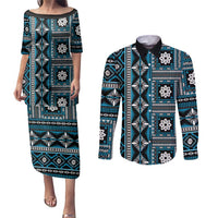 Fiji Masi Tapa Pattern Blue Couples Matching Puletasi and Long Sleeve Button Shirt - Polynesian Pride