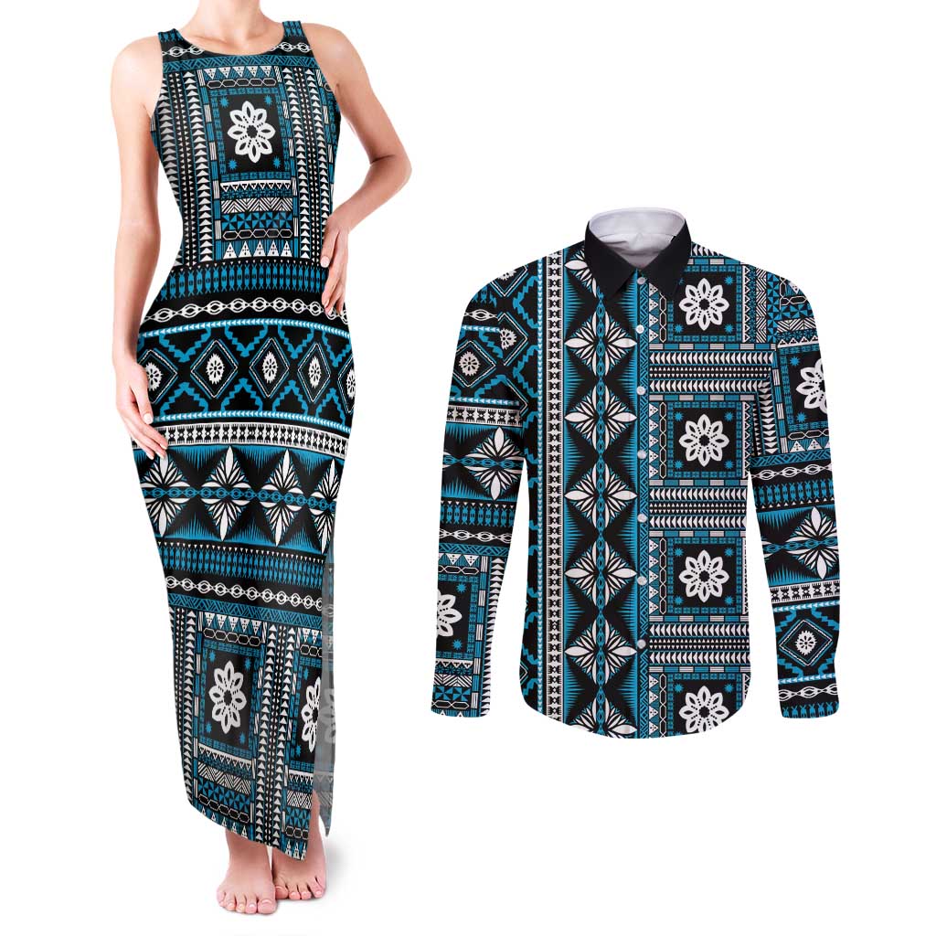 Fiji Masi Tapa Pattern Blue Couples Matching Tank Maxi Dress and Long Sleeve Button Shirt - Polynesian Pride