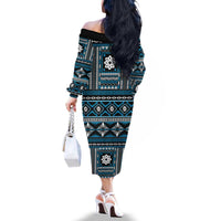 Fiji Masi Tapa Pattern Blue Family Matching Off The Shoulder Long Sleeve Dress and Hawaiian Shirt - Polynesian Pride