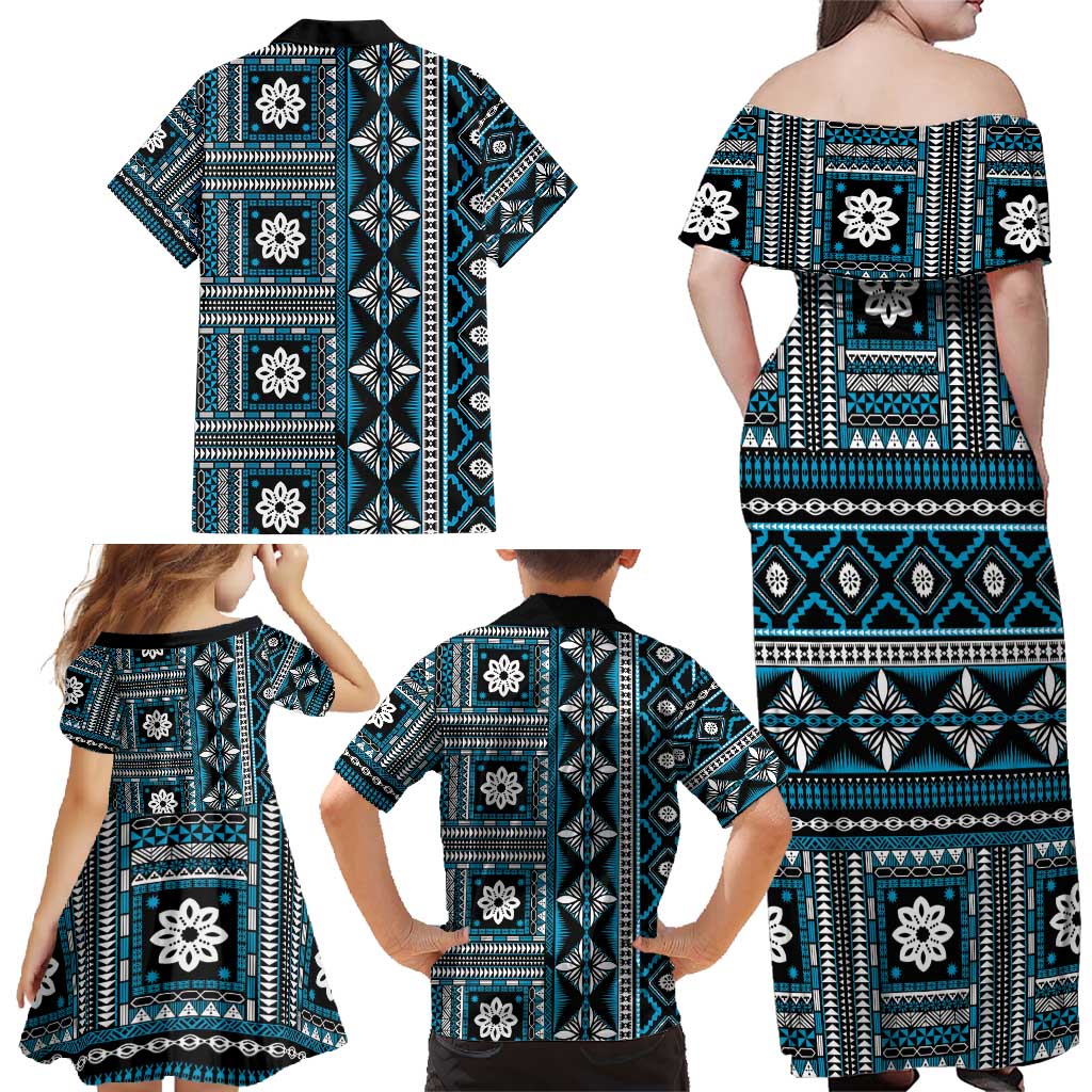 Fiji Masi Tapa Pattern Blue Family Matching Off Shoulder Maxi Dress and Hawaiian Shirt - Polynesian Pride