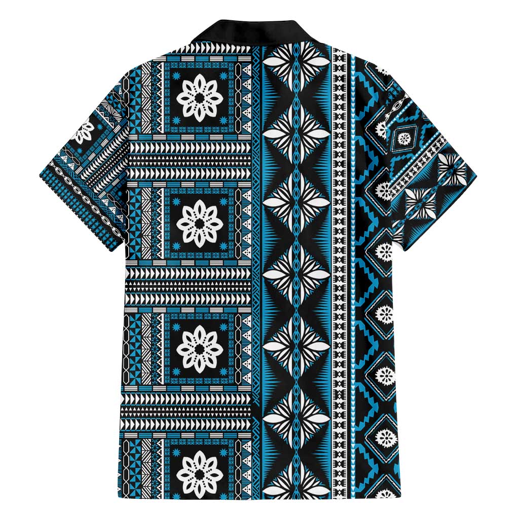 Fiji Masi Tapa Pattern Blue Family Matching Off Shoulder Maxi Dress and Hawaiian Shirt - Polynesian Pride