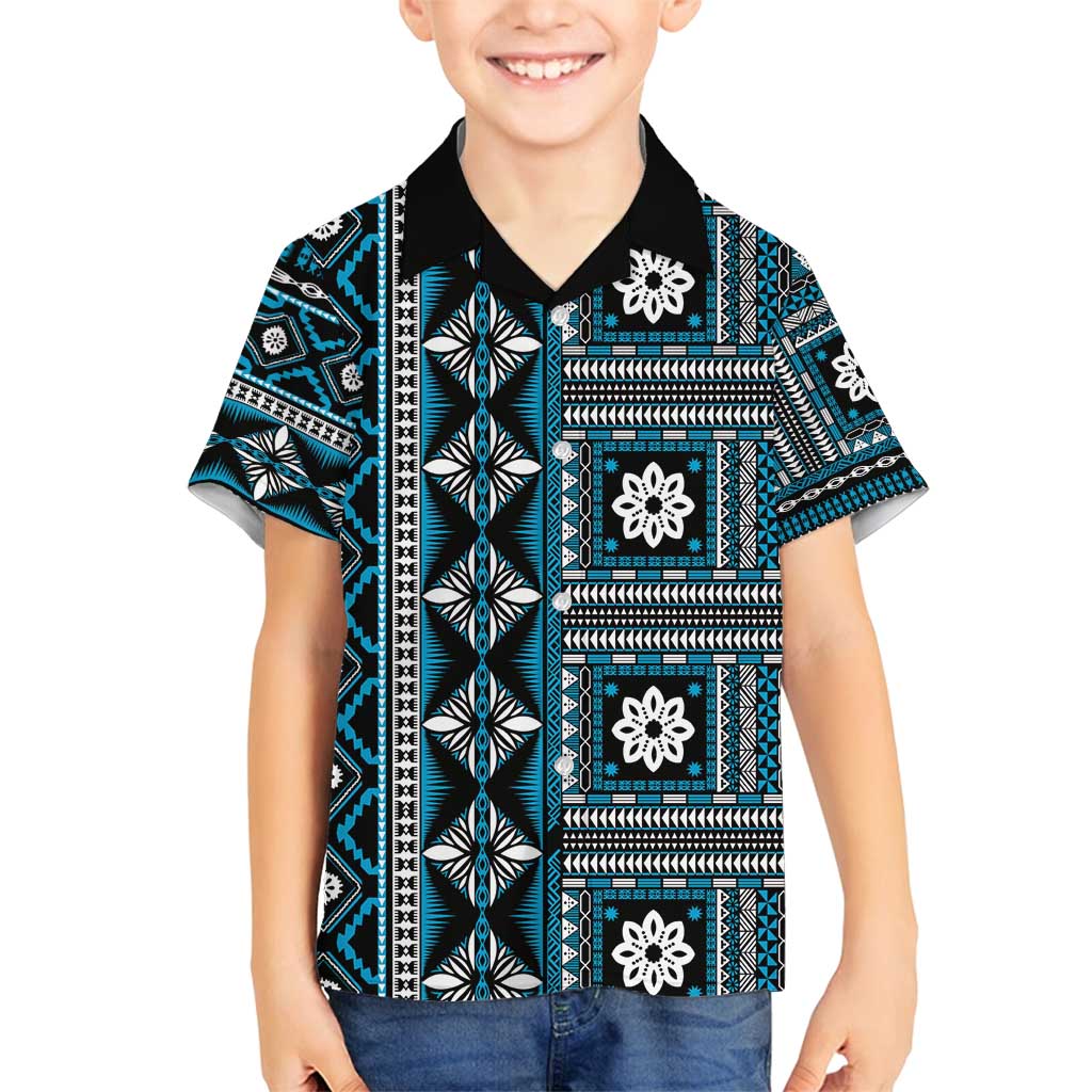 Fiji Masi Tapa Pattern Blue Family Matching Off Shoulder Maxi Dress and Hawaiian Shirt - Polynesian Pride