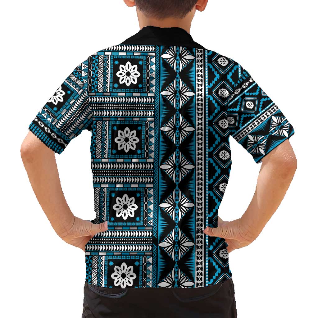 Fiji Masi Tapa Pattern Blue Family Matching Off Shoulder Short Dress and Hawaiian Shirt - Polynesian Pride
