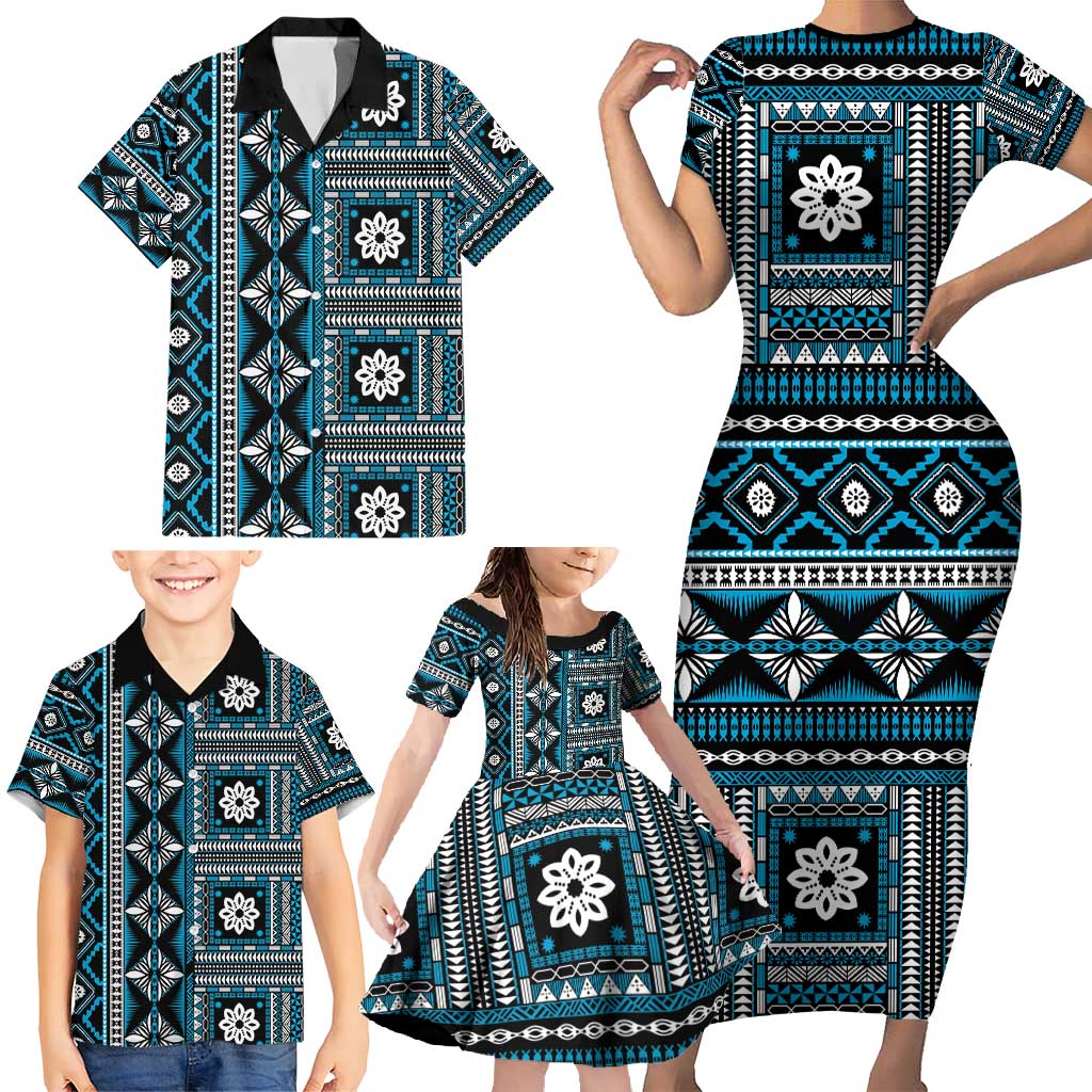 Fiji Masi Tapa Pattern Blue Family Matching Short Sleeve Bodycon Dress and Hawaiian Shirt - Polynesian Pride
