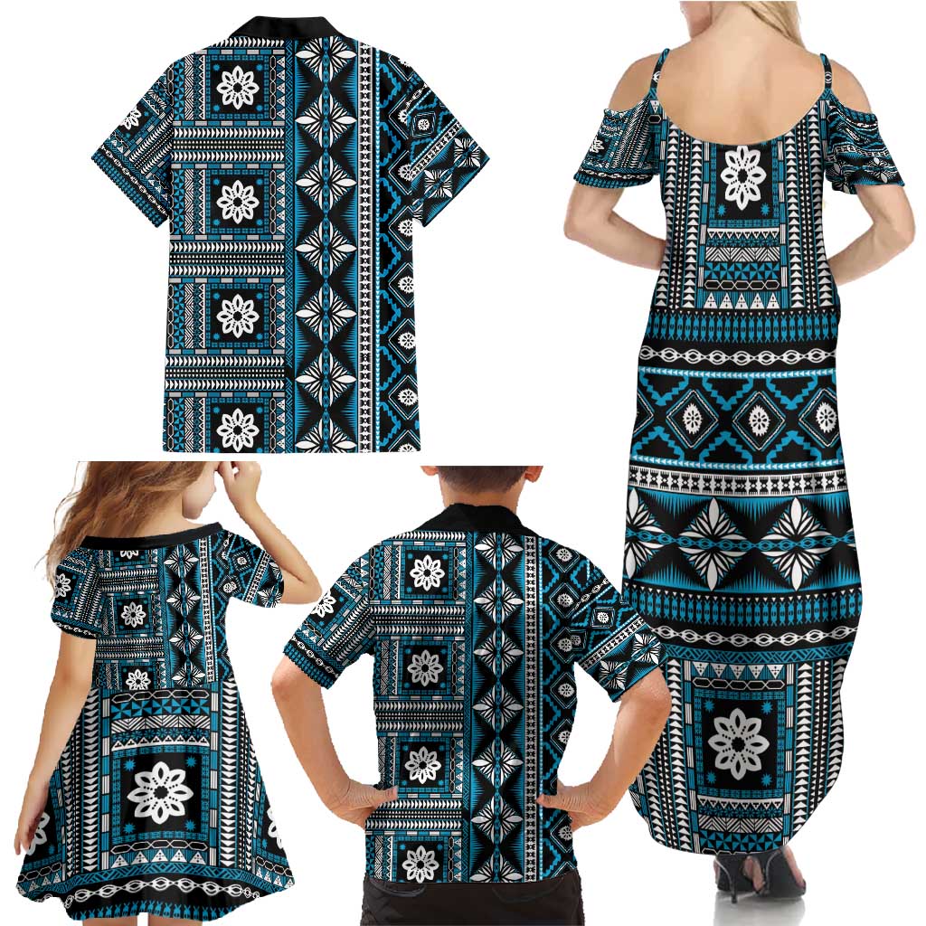 Fiji Masi Tapa Pattern Blue Family Matching Summer Maxi Dress and Hawaiian Shirt - Polynesian Pride