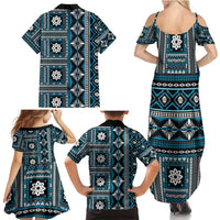 Fiji Masi Tapa Pattern Blue Family Matching Summer Maxi Dress and Hawaiian Shirt - Polynesian Pride