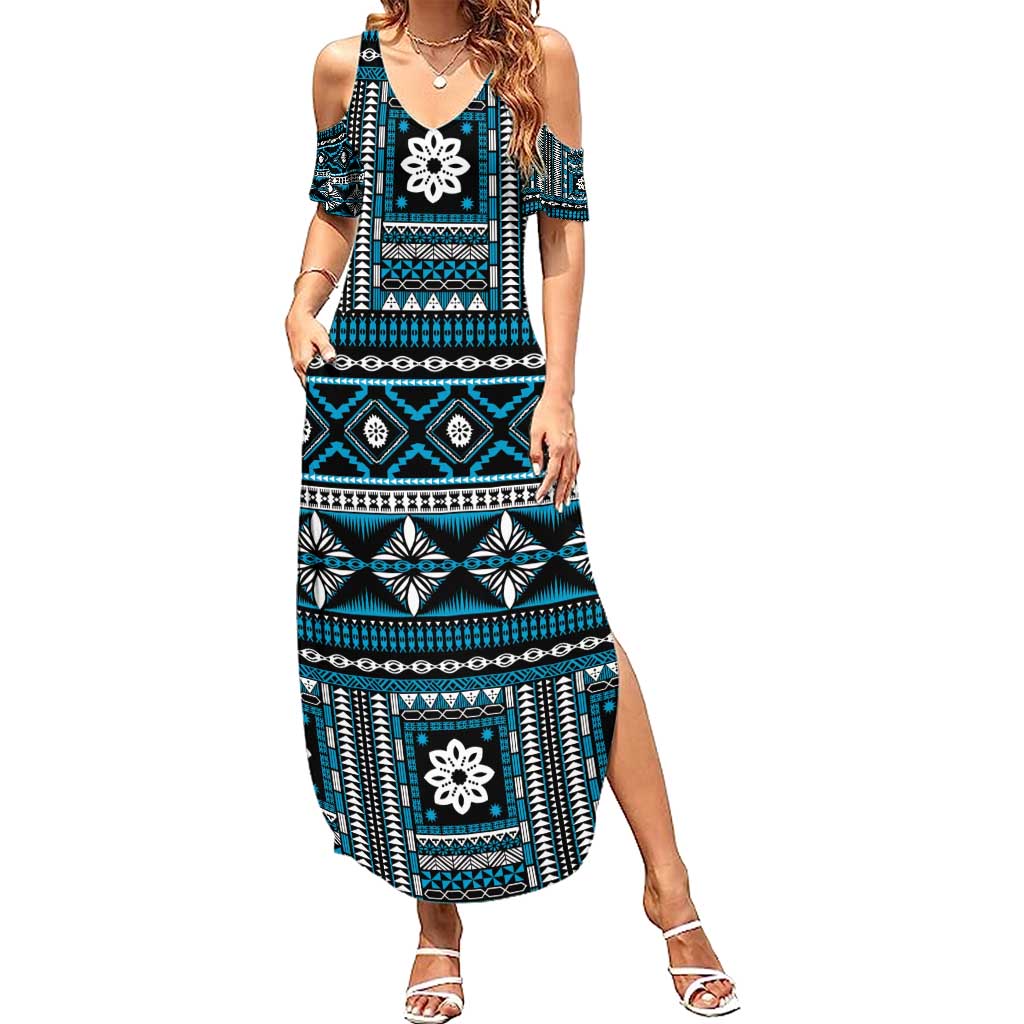 Fiji Masi Tapa Pattern Blue Family Matching Summer Maxi Dress and Hawaiian Shirt - Polynesian Pride