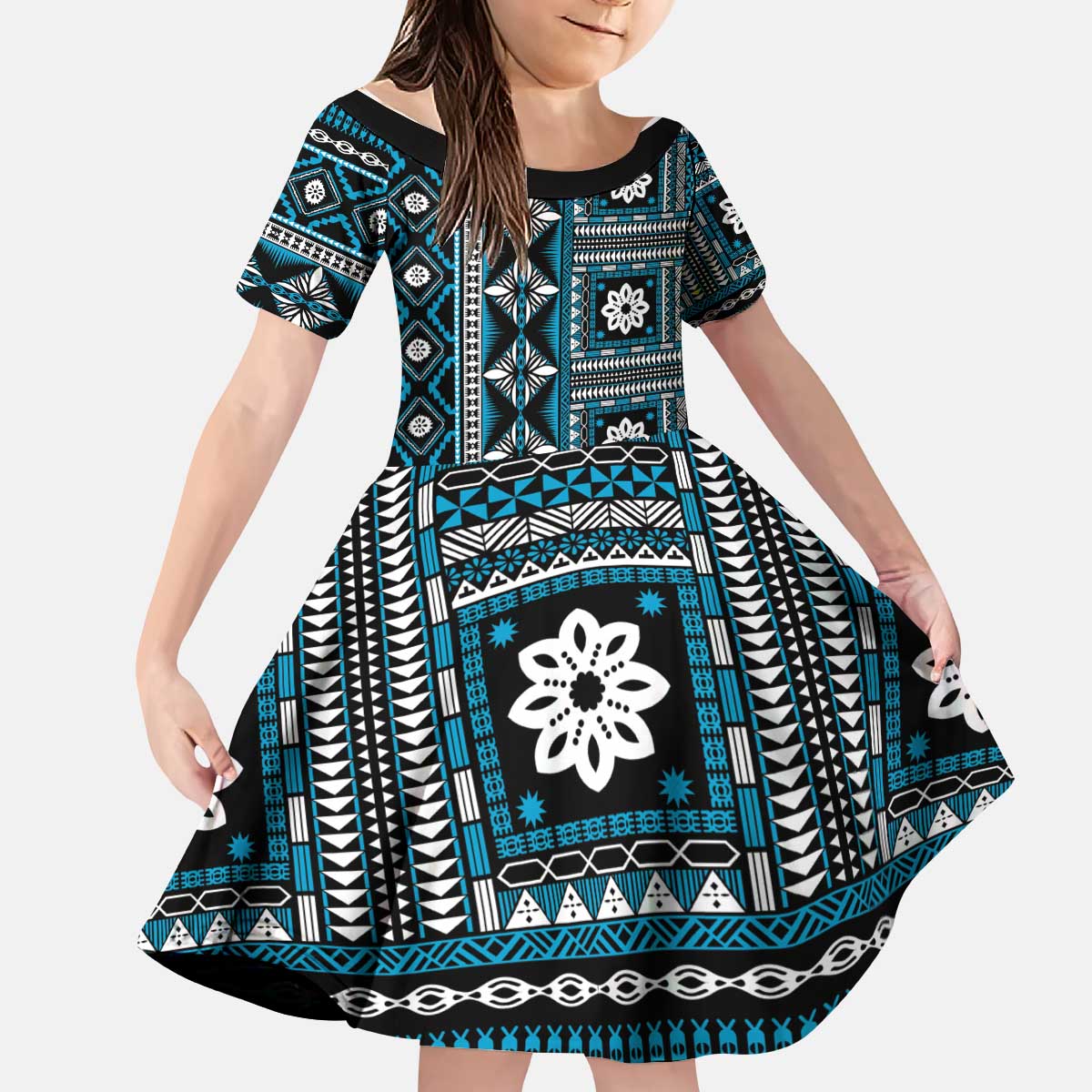 Fiji Masi Tapa Pattern Blue Kid Short Sleeve Dress - Polynesian Pride