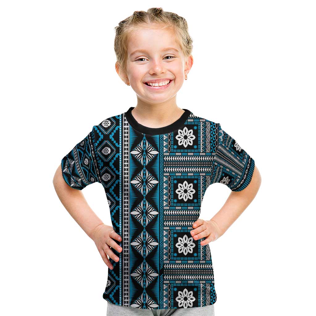 Fiji Masi Tapa Pattern Blue Kid T Shirt - Polynesian Pride