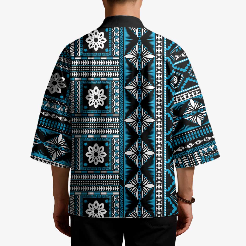 Fiji Masi Tapa Pattern Blue Kimono - Polynesian Pride