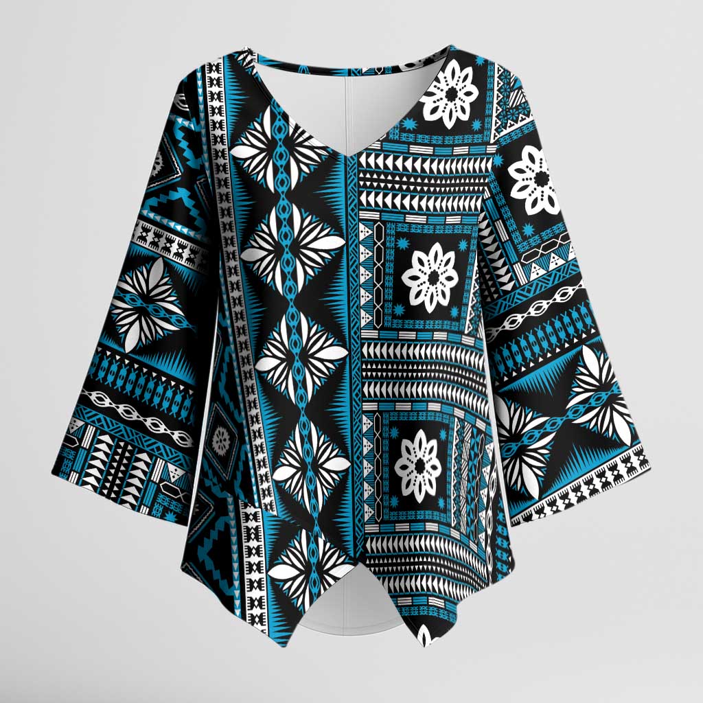 Fiji Masi Tapa Pattern Blue Kimono Sleeve Blouse - Polynesian Pride