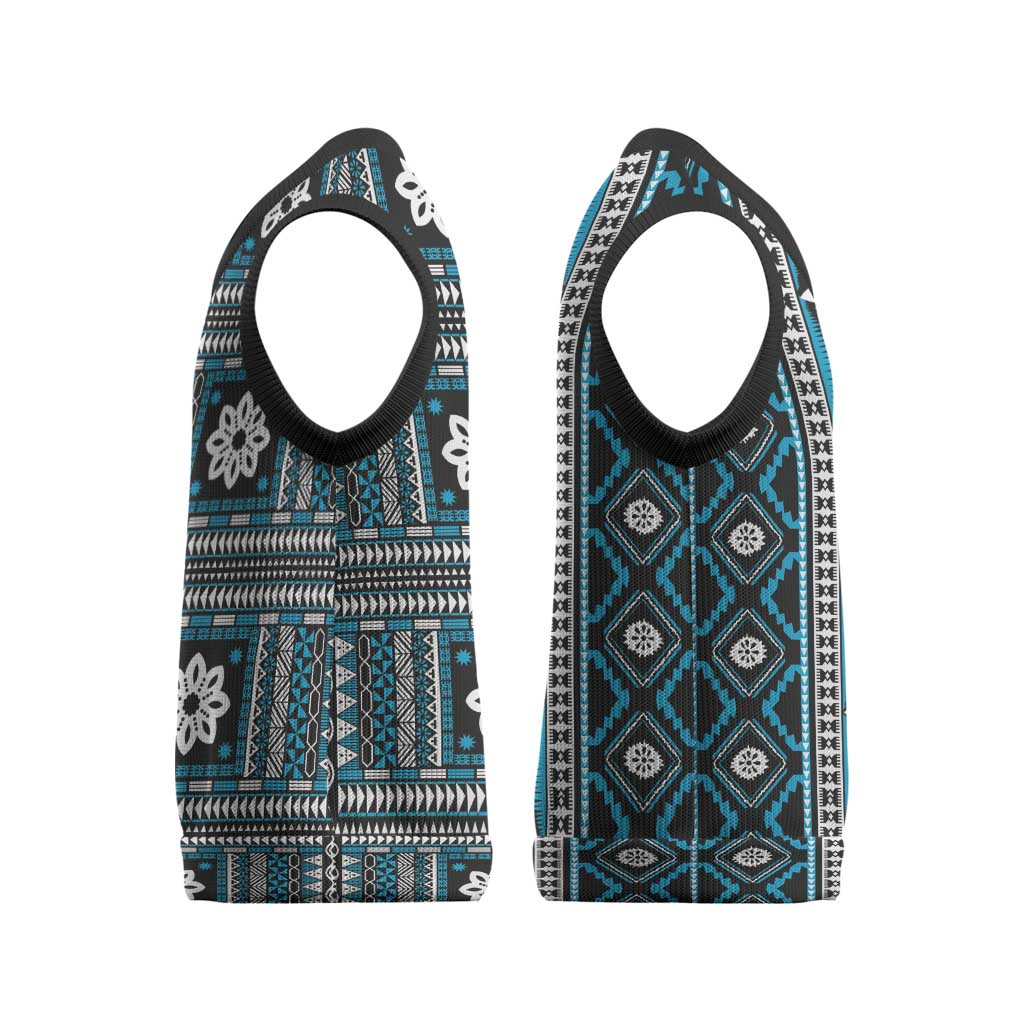 Fiji Masi Tapa Pattern Blue Christmas Knitted V-Neck Vest - Polynesian Pride