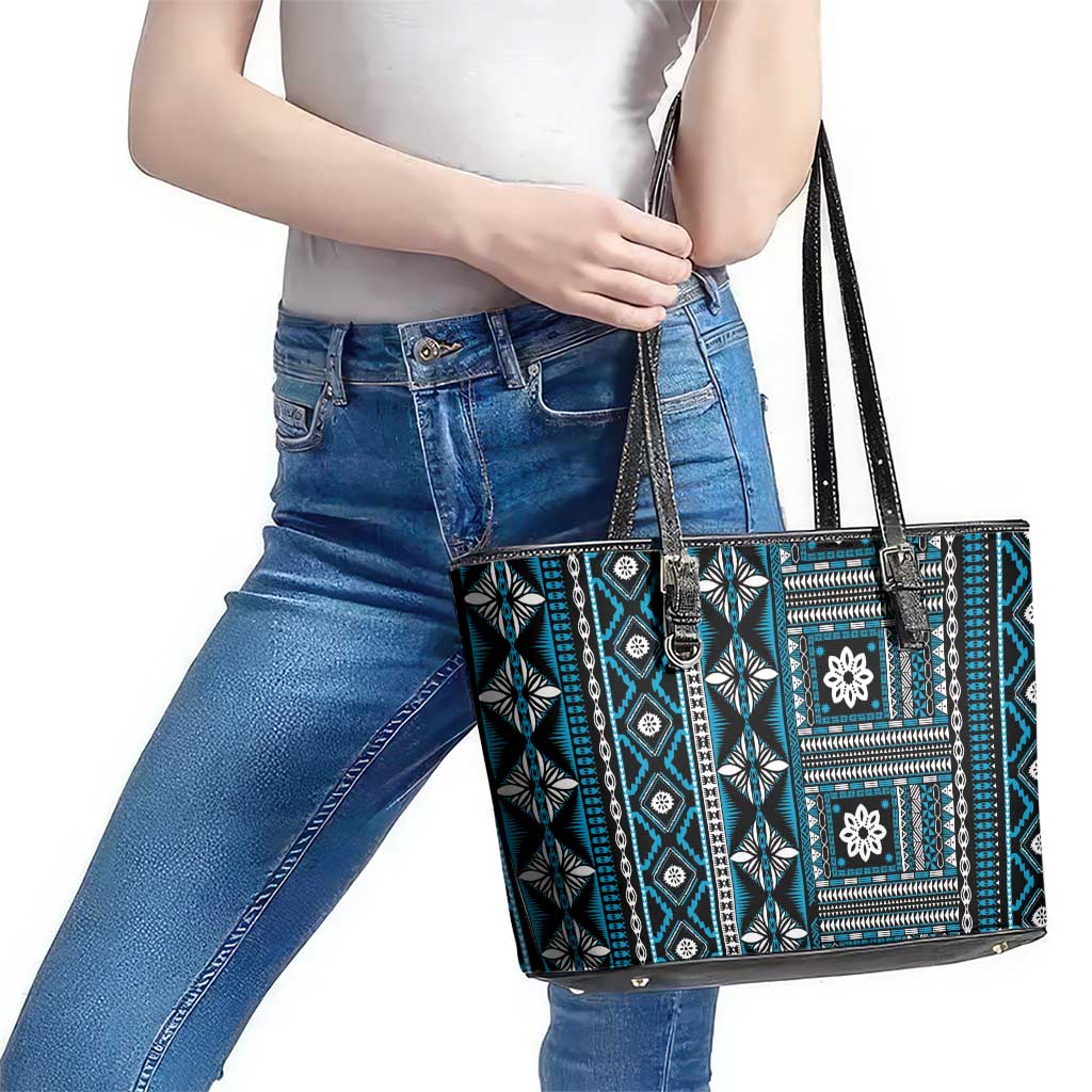 Fiji Masi Tapa Pattern Blue Leather Tote Bag - Polynesian Pride