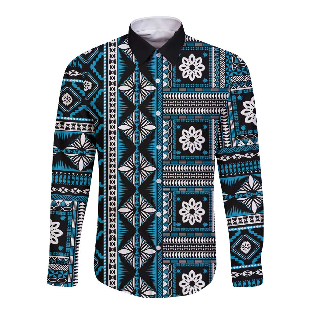 Fiji Masi Tapa Pattern Blue Long Sleeve Button Shirt - Polynesian Pride