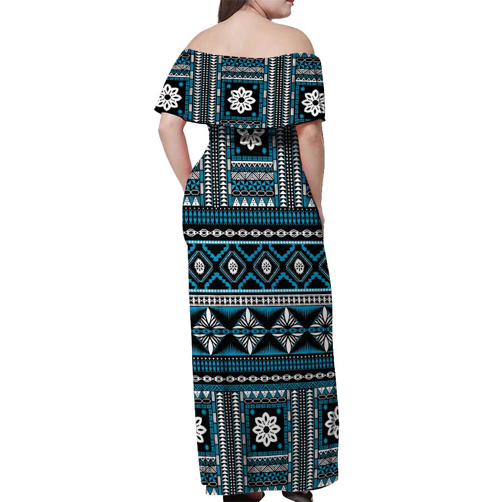 Fiji Masi Tapa Pattern Blue Off Shoulder Maxi Dress - Polynesian Pride