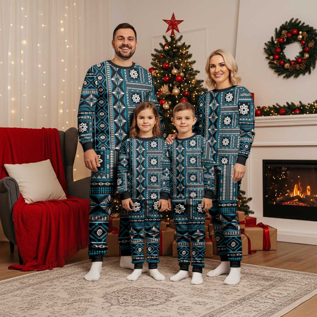 Fiji Masi Tapa Pattern Blue Christmas Pajama Set - Polynesian Pride