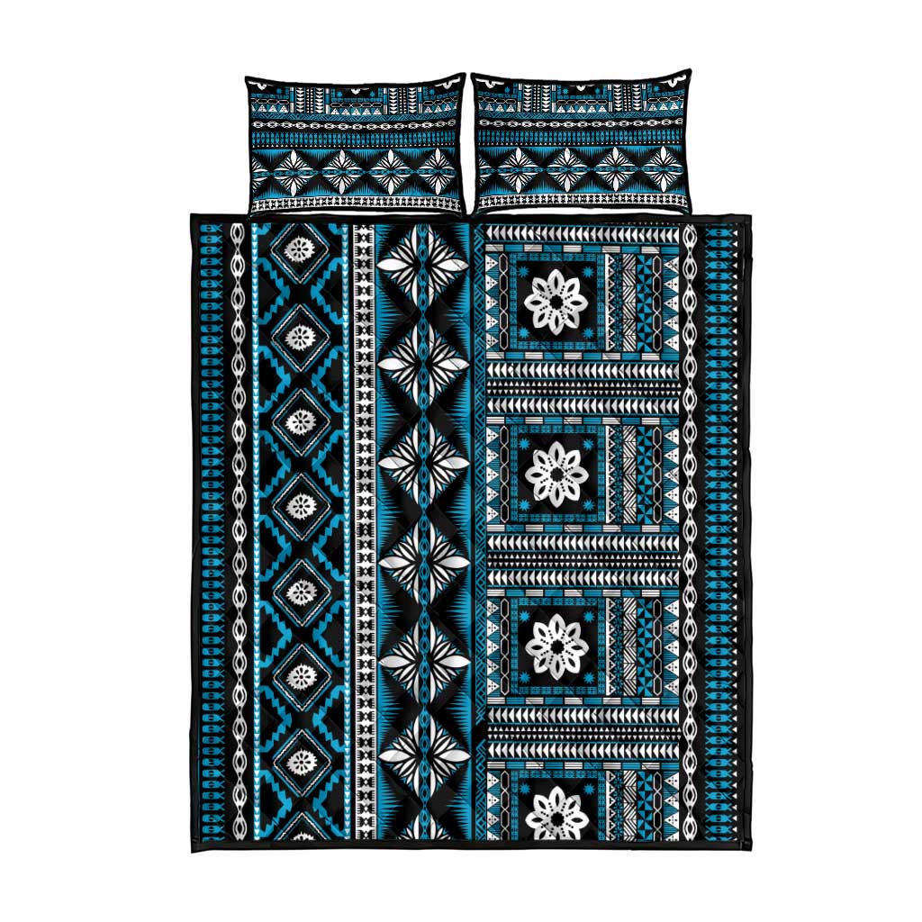 Fiji Masi Tapa Pattern Blue Quilt Bed Set - Polynesian Pride