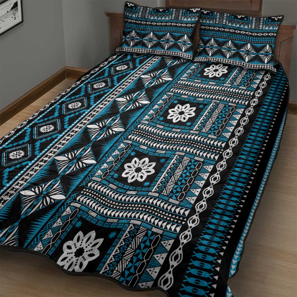 Fiji Masi Tapa Pattern Blue Quilt Bed Set - Polynesian Pride