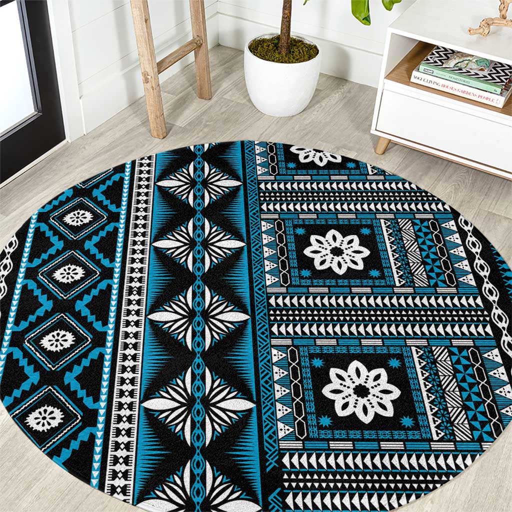 Fiji Masi Tapa Pattern Blue Round Carpet - Polynesian Pride