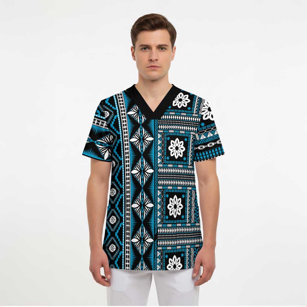 Fiji Masi Tapa Pattern Blue Scrub Top - Polynesian Pride