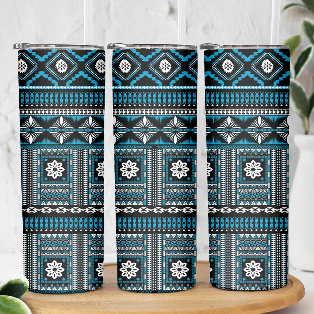 Fiji Masi Tapa Pattern Blue Skinny Tumbler - Polynesian Pride