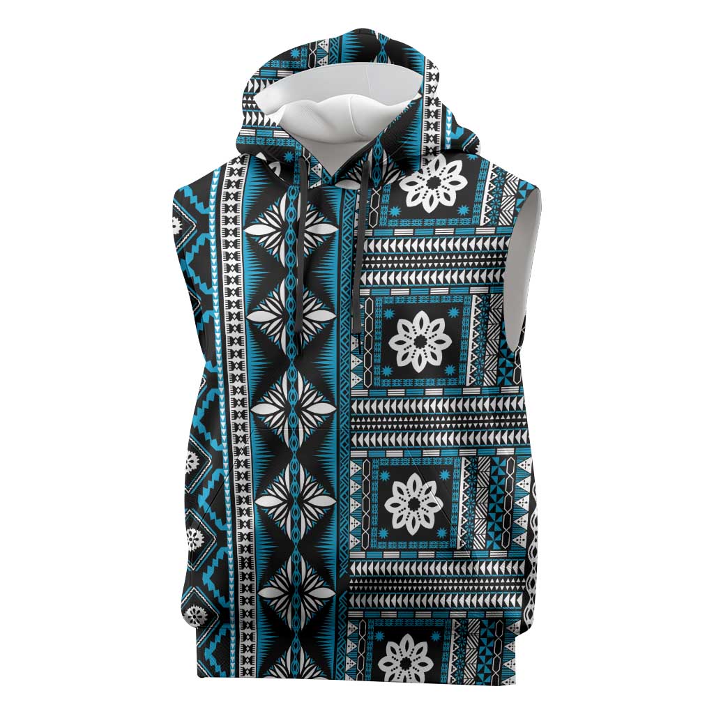 Fiji Masi Tapa Pattern Blue Sleeveless Hoodie - Polynesian Pride