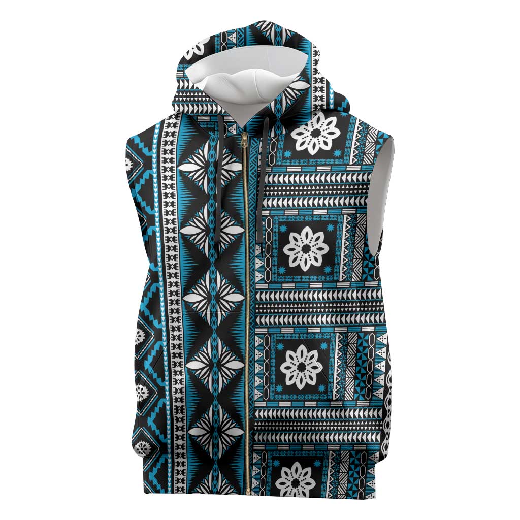 Fiji Masi Tapa Pattern Blue Sleeveless Zip Hoodie - Polynesian Pride