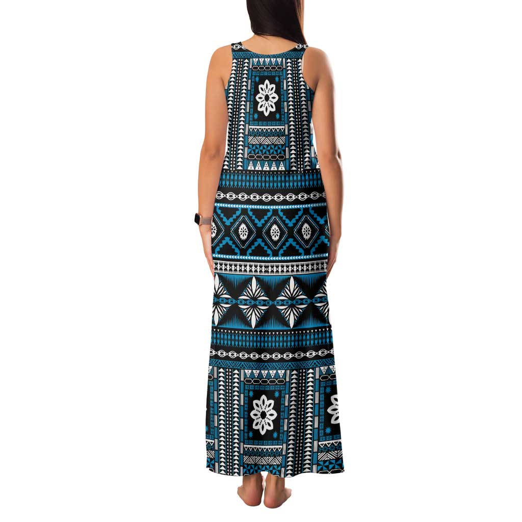 Fiji Masi Tapa Pattern Blue Tank Maxi Dress - Polynesian Pride