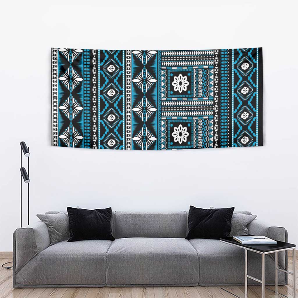 Fiji Masi Tapa Pattern Blue Tapestry - Polynesian Pride