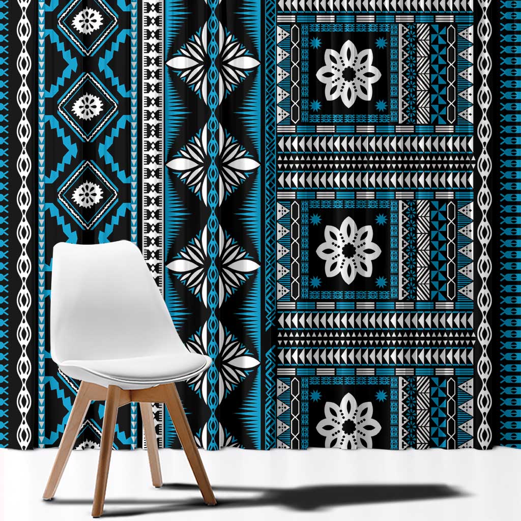 Fiji Masi Tapa Pattern Blue Window Curtain - Polynesian Pride