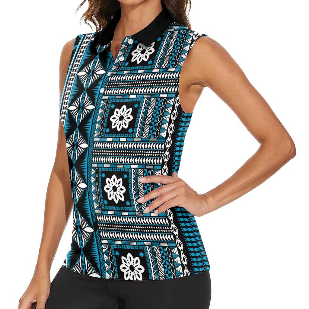 Fiji Masi Tapa Pattern Blue Women Sleeveless Polo Shirt - Polynesian Pride