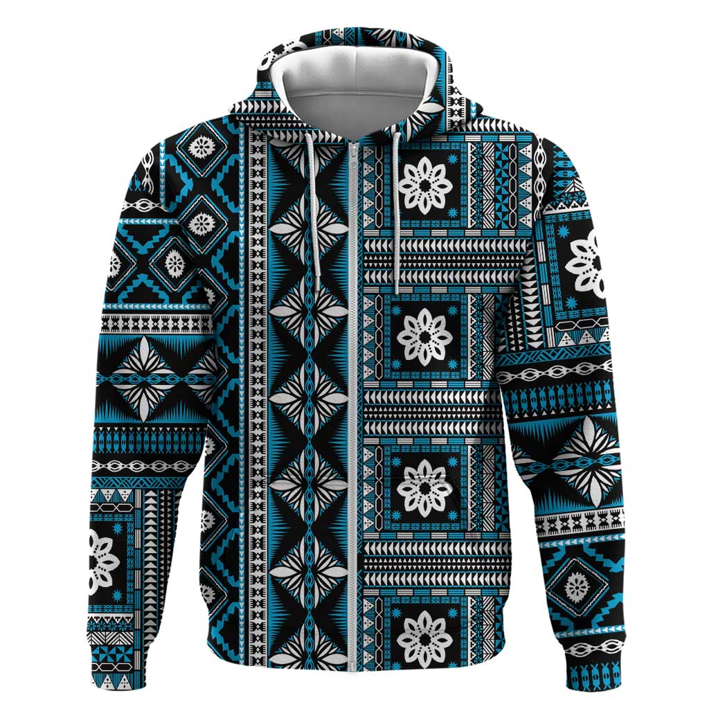 Fiji Masi Tapa Pattern Blue Zip Hoodie - Polynesian Pride