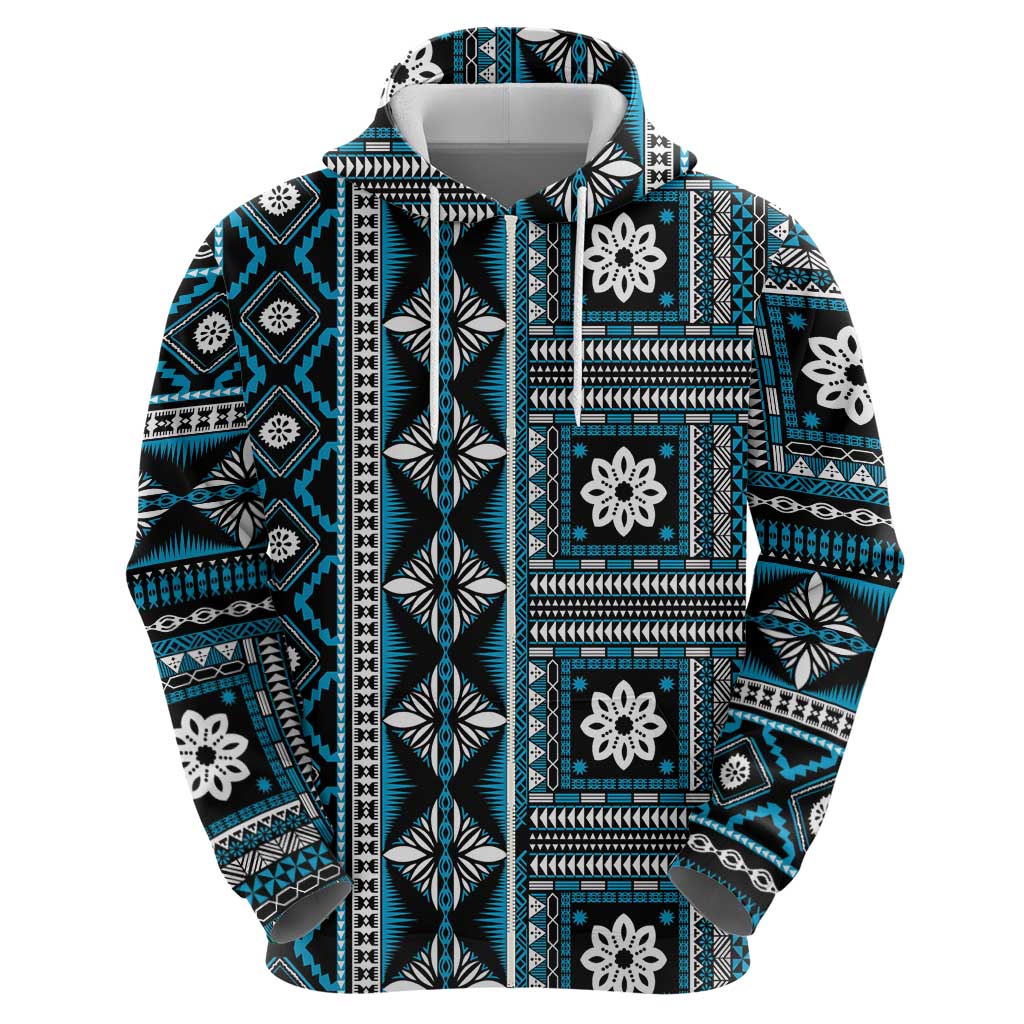 Fiji Masi Tapa Pattern Blue Zip Hoodie - Polynesian Pride