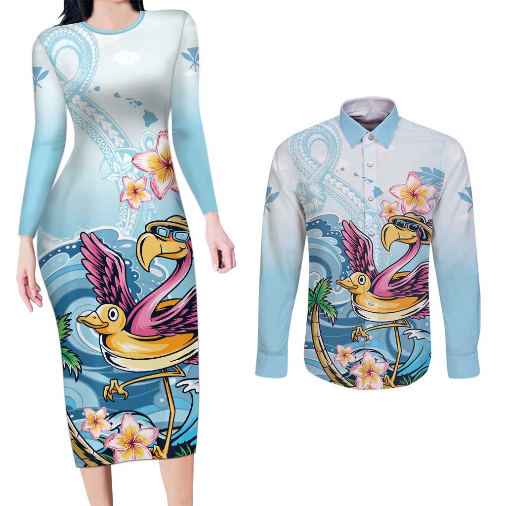 Hawaii Flamingo Couples Matching Long Sleeve Bodycon Dress and Long Sleeve Button Shirt Plumeria Tropical Beach LT01 Blue - Polynesian Pride