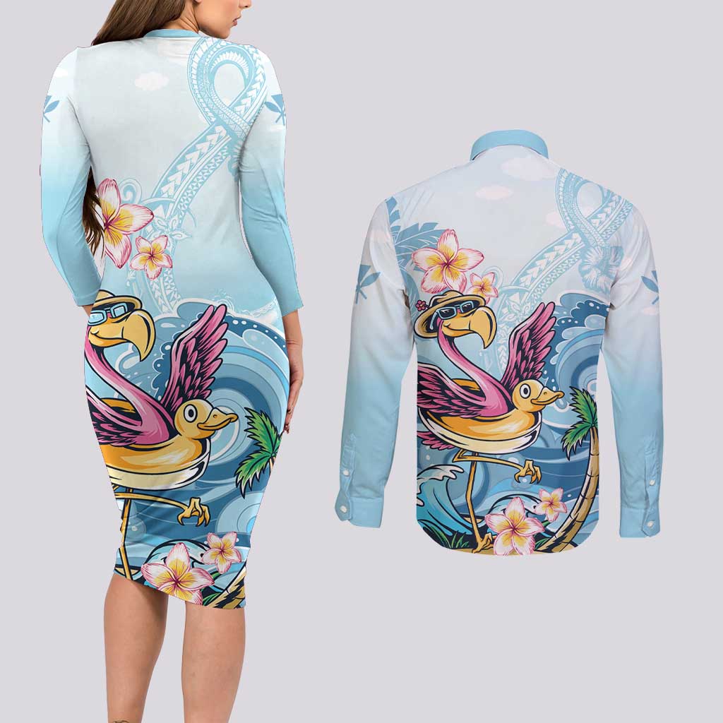 Hawaii Flamingo Couples Matching Long Sleeve Bodycon Dress and Long Sleeve Button Shirt Plumeria Tropical Beach LT01 - Polynesian Pride