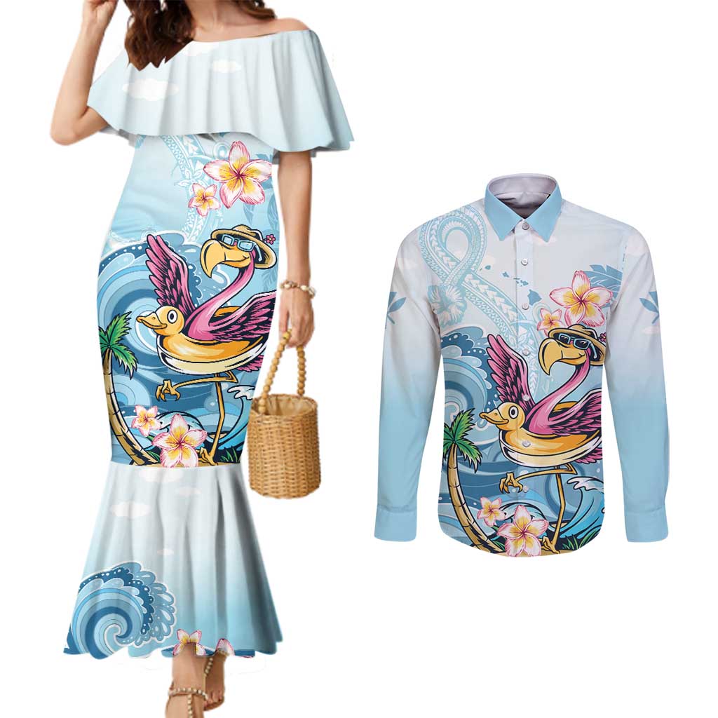 Hawaii Flamingo Couples Matching Mermaid Dress and Long Sleeve Button Shirt Plumeria Tropical Beach LT01 Blue - Polynesian Pride