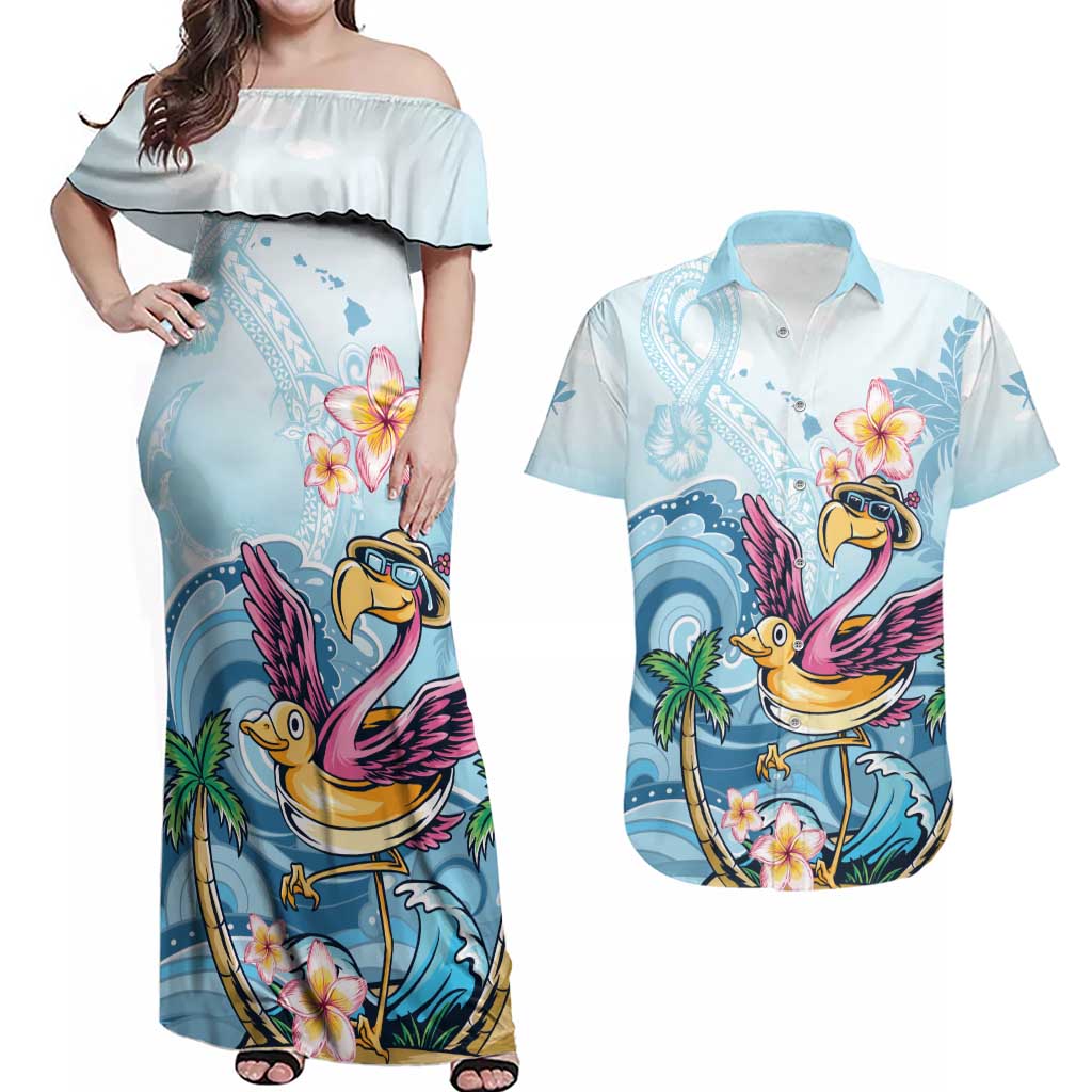 Hawaii Flamingo Couples Matching Off Shoulder Maxi Dress and Hawaiian Shirt Plumeria Tropical Beach