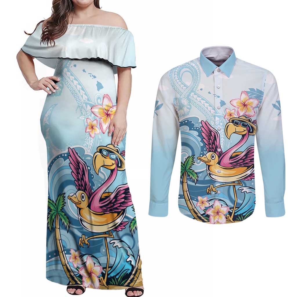 Hawaii Flamingo Couples Matching Off Shoulder Maxi Dress and Long Sleeve Button Shirt Plumeria Tropical Beach LT01 Blue - Polynesian Pride