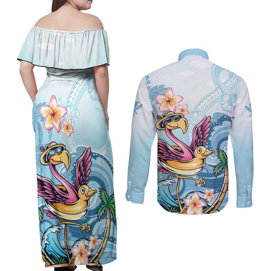 Hawaii Flamingo Couples Matching Off Shoulder Maxi Dress and Long Sleeve Button Shirt Plumeria Tropical Beach LT01 - Polynesian Pride