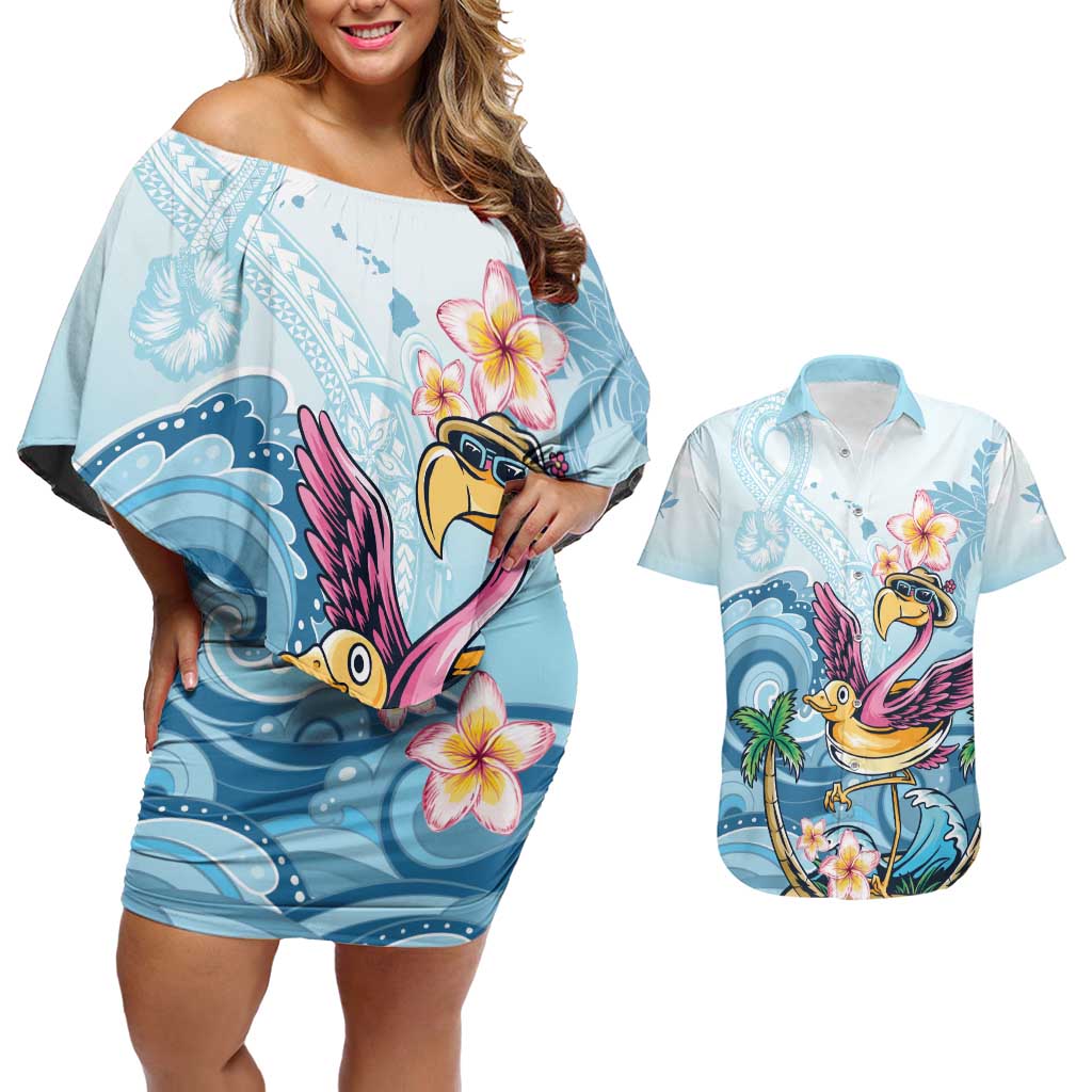 Hawaii Flamingo Couples Matching Off Shoulder Short Dress and Hawaiian Shirt Plumeria Tropical Beach LT01 Blue - Polynesian Pride