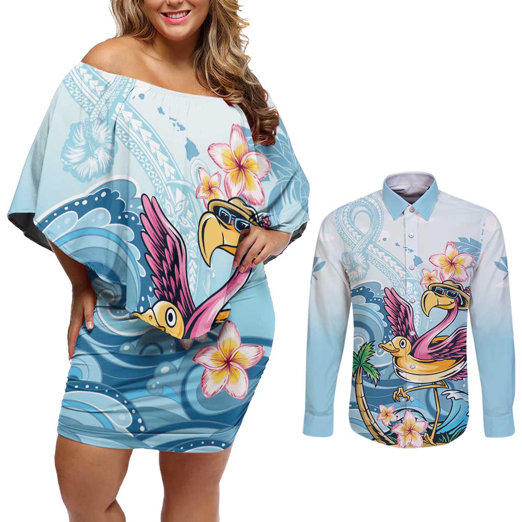 Hawaii Flamingo Couples Matching Off Shoulder Short Dress and Long Sleeve Button Shirt Plumeria Tropical Beach LT01 Blue - Polynesian Pride